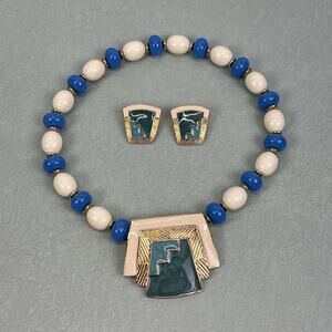 Trifari Aztec Necklace Clip-on Earrings Gold Turquoise Blue Cream Vintage